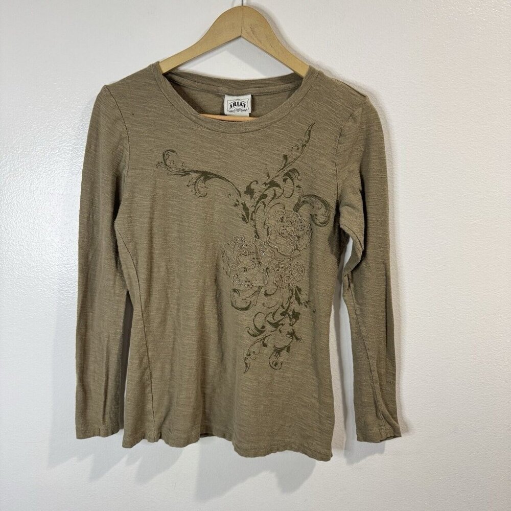 Vtg Y2K Ariat Shirt M Long Sleeve Floral Embroidered Green Equestrian Outdoor